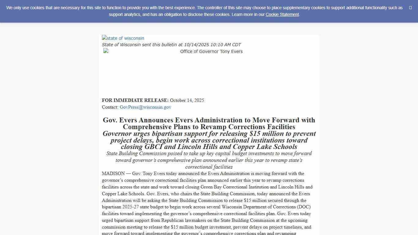Press Release: Gov. Evers Announces Evers Administration to Move Forward with Comprehensive Plans to Revamp Corrections Facilities