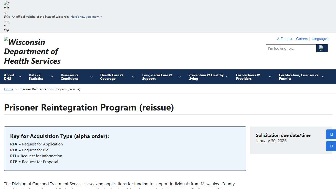 Prisoner Reintegration Program (reissue) | Wisconsin Department of Health Services